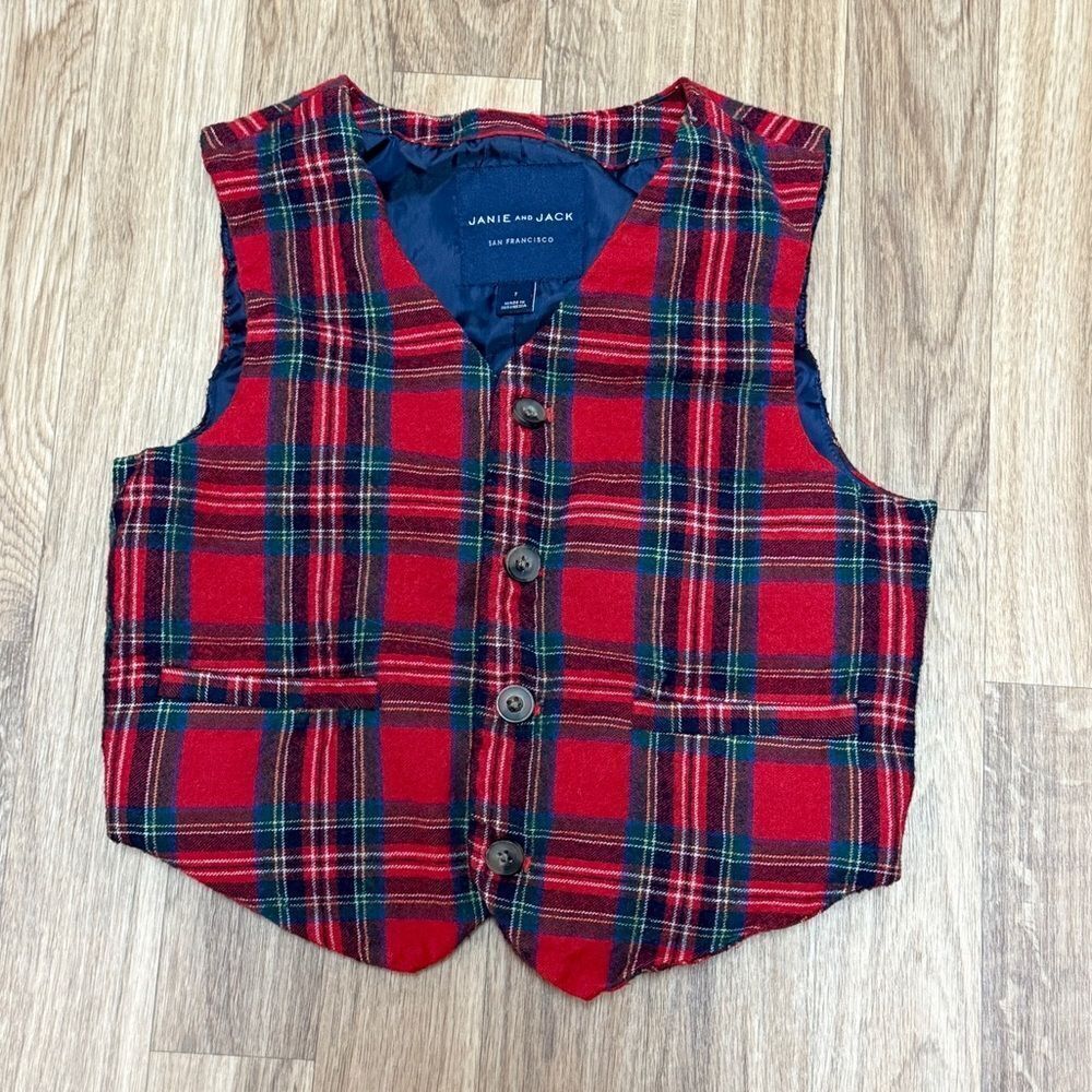 Janie and Jack Boys Red Tartan Plaid Wool‎ Vest Holiday Formal Waistcoat Size 7